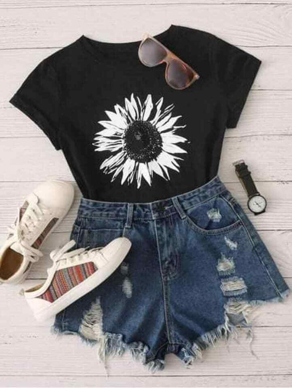 T-shirt Crewneck Black Sunflower white Graphic Princess-cut - Size PL